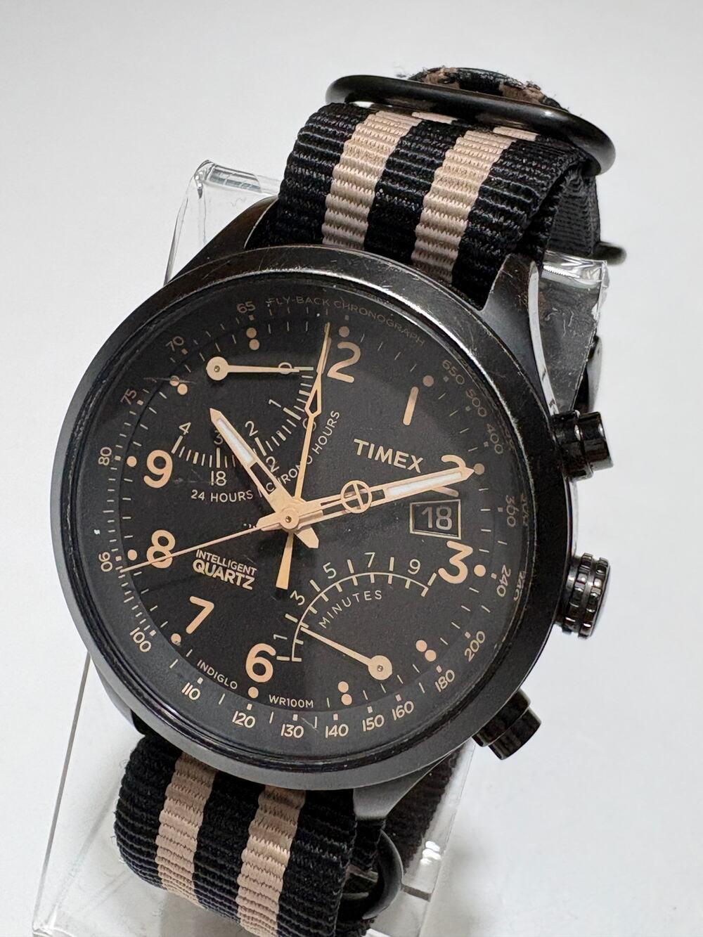 Timex T2N700 Intelligent Quartz Flyback Chronograph Men's Watch Black Beige NATO